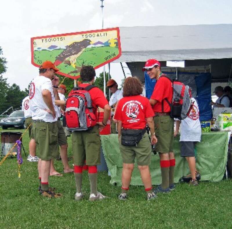 Tsoiotsi Tsogalii Lodge members at the National Order of the Arrow Conference at Michigan State University in 2006. A picket sign of the Lodge's S1 flap is shown in the background.