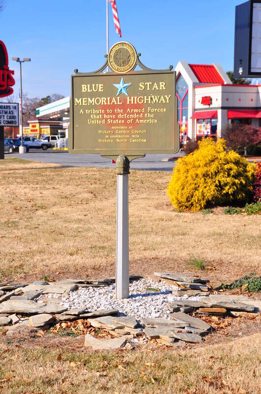 Blue Star Memorial Highway sign along U.S. Route 70, in Hickory, North Carolina.
They are a tribute to the Armed Forces that have defended the United States of America.