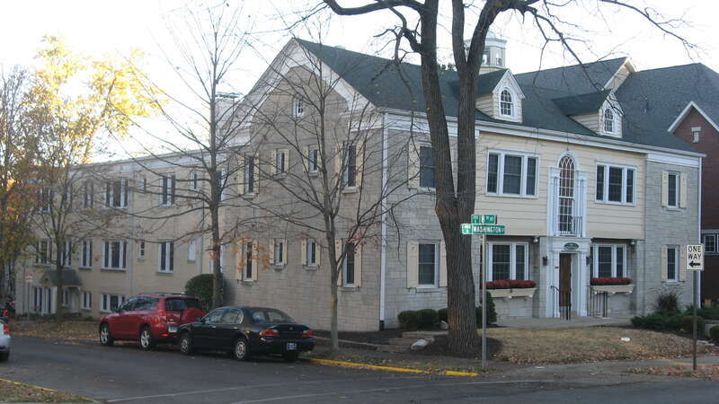 Front of the Washington Terrace Apartments, located at 316 N. Washington Street in Bloomington, Indiana, United States.  Built in 1929, it is a part of the North Washington Street Historic District, a historic district that is listed on the National