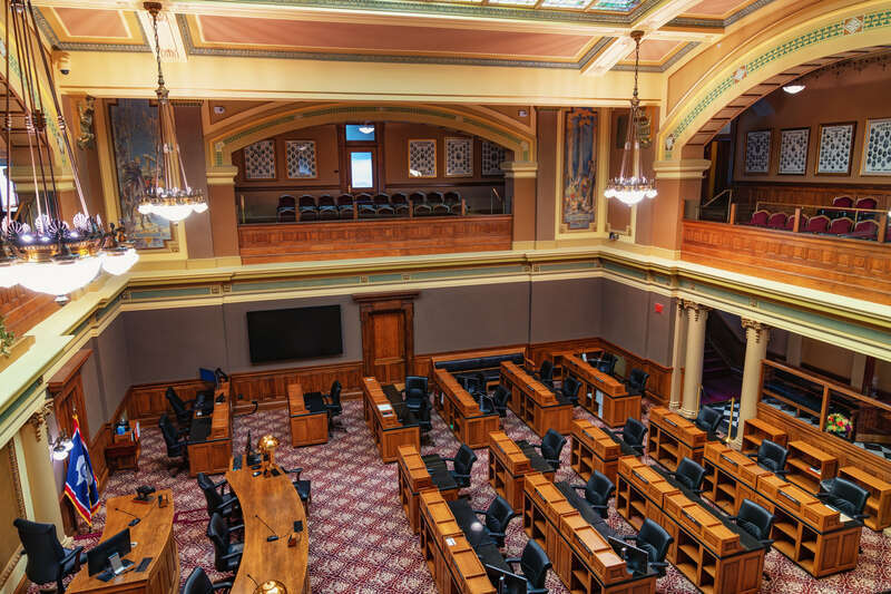 The Wyoming State Senate chamber in the Wyoming State Capitol, Cheyenne. (Photo: Tony Webster.)