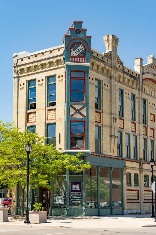 Zaegel Building, later known as the I.C. Thomas Building, 701-703 North 8th Street, Sheboygan, Wisconsin. Constructed: 1886. The building was originally used as a drug store, then sold to I.C. Thomas in 1906.