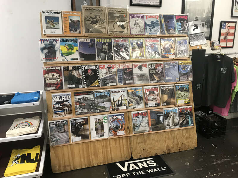 Look Back Library traveling exhibit of classic skateboard magazines at NJ Skate Shop in New Brunswick, NJ. Magazines including Thrasher, Transworld, The Skateboard Mag, Skat'n News, Slap Skateboard Magazine, Poweredge Magazine and others. The Look