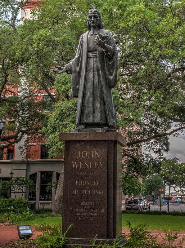 Statue of John Wesley at Reynolds Square in Savannah, Georgia. Caption reads: "John Wesley 1703 – 1791 
Founder of Methodism 
Minister of the Church of England in Savanah 1736 –1737"
