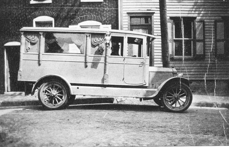 Hearse of the Rabelhold Funeral Home, located at 116 South Eighth Street.  Owned by Oliver Rabenhold,  his daughter Arlene married Theodore Trexler and the bushiness became the Trexler Funeral Home. Rabenhold died in 1939, and afterwards the business