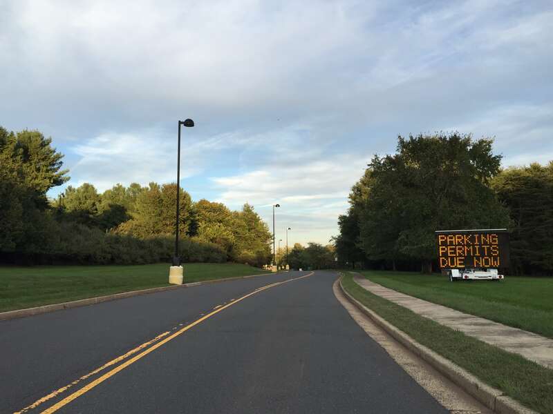 View east along Virginia State Route 393 at Virginia State Route 234 (Sudley Road), at the Northern Virginia Community College Manassas Campus in northern Prince William County, Virginia