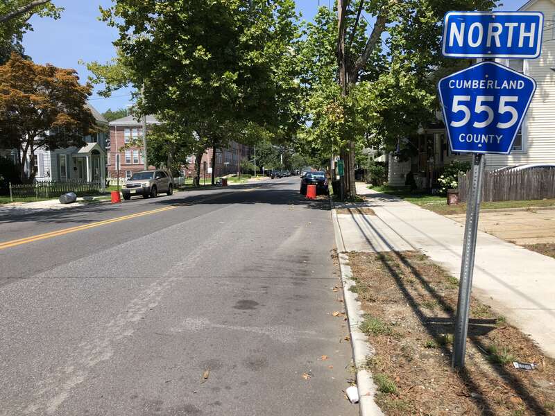 View north along Cumberland County Route 555 (Third Street) just north of New Jersey State Route 49 (Main Street) in Millville, Cumberland County, New Jersey