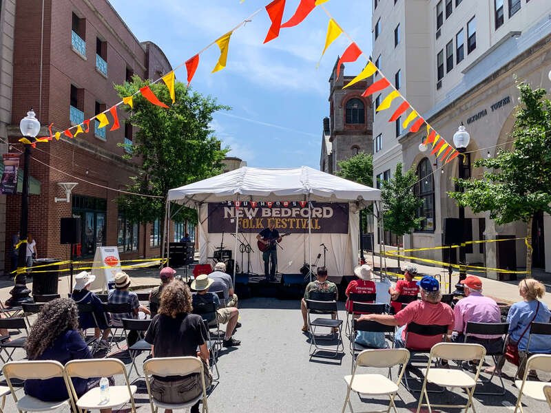A stage on Purchase Street, 2019 New Bedford Folk Festival.