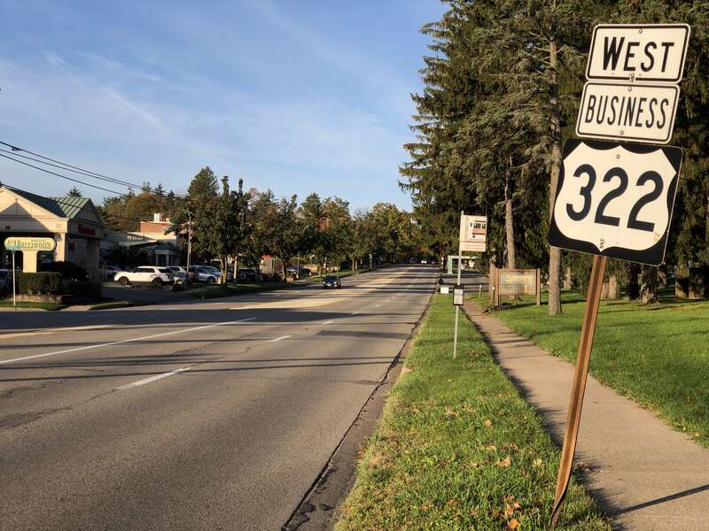 View west along U.S. Route 322 Business (Atherton Street) at University Drive in State College, Centre County, Pennsylvania