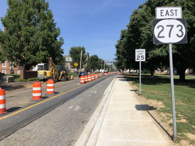 View east along Delaware State Route 273 (East Delaware Avenue) at Delaware State Route 896 (South College Avenue) in Newark, New Castle County, Delaware