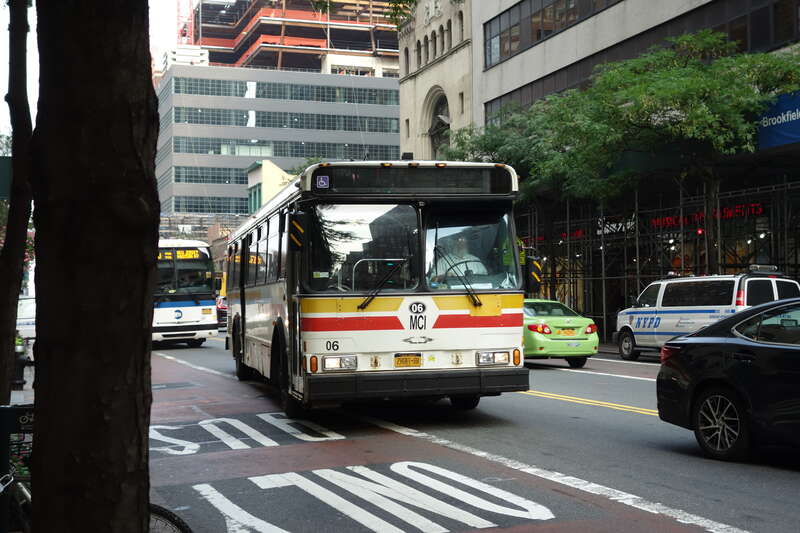 A former Fairfax Connector bus traveling east on 34th Street between 8th and 9th Avenues in the Garment District, Midtown Manhattan.