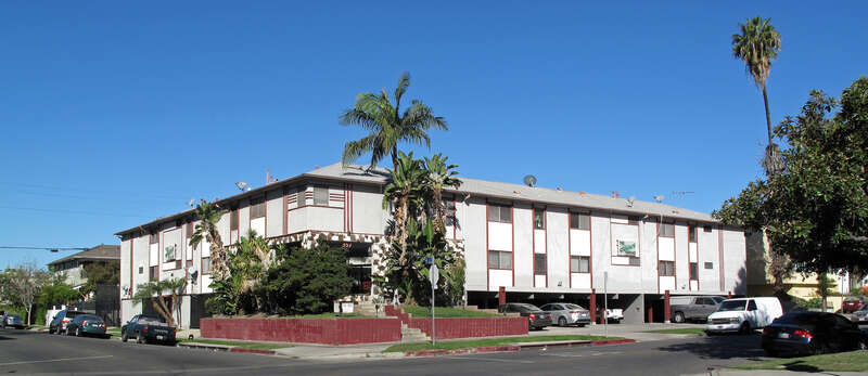 The Hobart Terrace, an apartment building, 377 S Hobart Blvd, Los Angeles. This is an example of a large dingbat building on a corner.