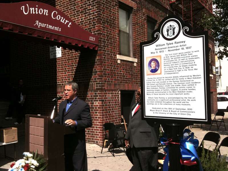 Dedication ceremony in Union City, New Jersey for a historical marker honoring painter William Ranney, who lived in Union City (when it was formerly West Hoboken), September 18, 2010. The marker, which is the fourth one Union City has dedicated for