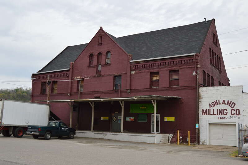 Western and southern sides of the former Ashland Coal and Iron Railroad Store, located at 900 Front Street in Ashland, Kentucky, United States.  Built in 1899, it is listed on the National Register of Historic Places.