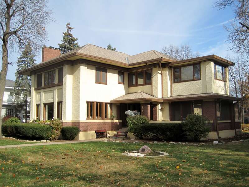 The Arthur J. Dunham House in Berwyn (1907). It was one of the first buildings designed by Tallmadge &amp; Watson after they left D. H. Burnham &amp; Co.