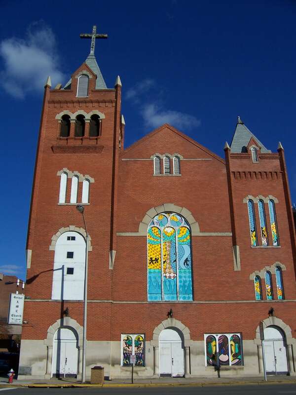 West Elevation of the NRHP-listed Bethel A.M.E. Church in Columbia, South Carolina, with clouds.