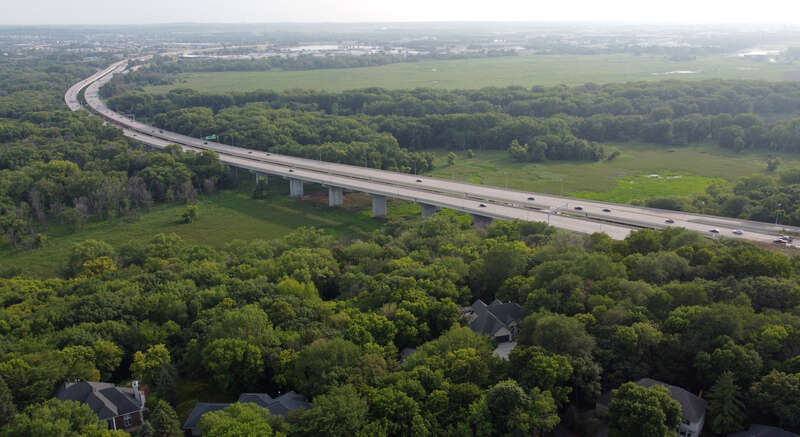 Aerial photo of Bloomington Ferry Bridge carrying 169 from Bloomington to Shakopee, taken from the North looking Southwest over the Minnesota River Valley