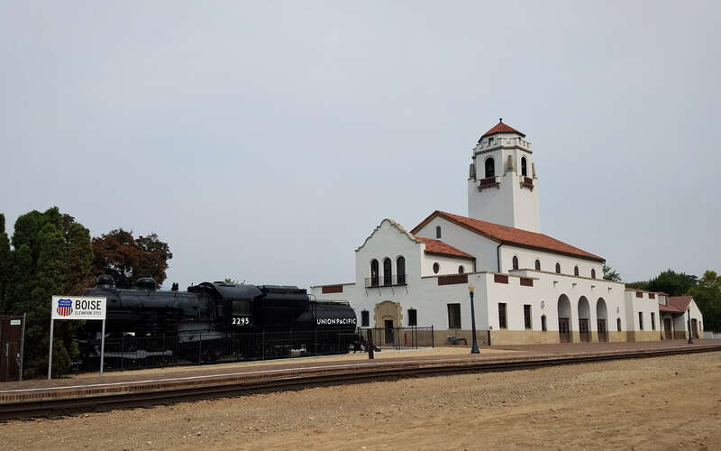 A view of Boise Depot and "Big Mike," an MK-9 Heavy class, type 2-8-2 Mikado built in 1920 by the American Locomotive Company.