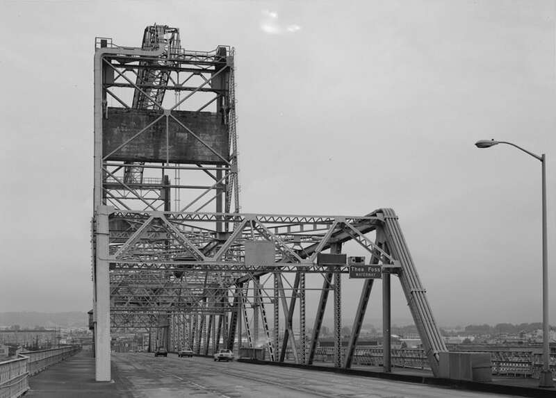 B&amp;W image of the bridge over the Thea Foss Waterway,Tacoma, looking east, made after 1968?? Original filename: 370523pv.jpg