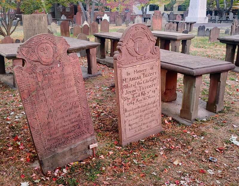 Brownstone Sandstone tombstones and tabletop grave in Hartford, Connecticut