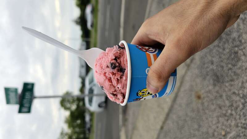 A single scoop of cherry ice cream from Ralph's Italian Ices on Hempstead Turnpike near Hofstra University.