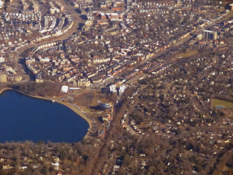 Aerial view of the Cleveland Circle area of Boston and Brookline in December 2018
