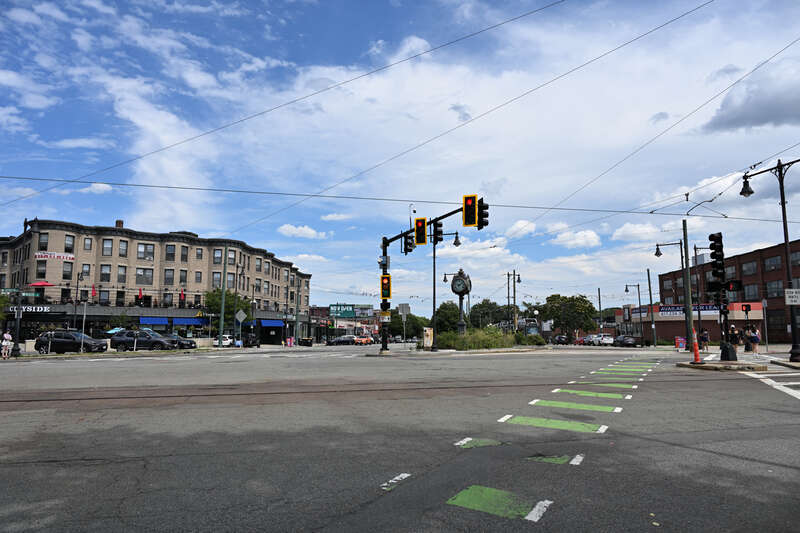 Cleveland Circle as seen from the southwest island at the intersection of Beacon St and Chestnut Hill Ave.