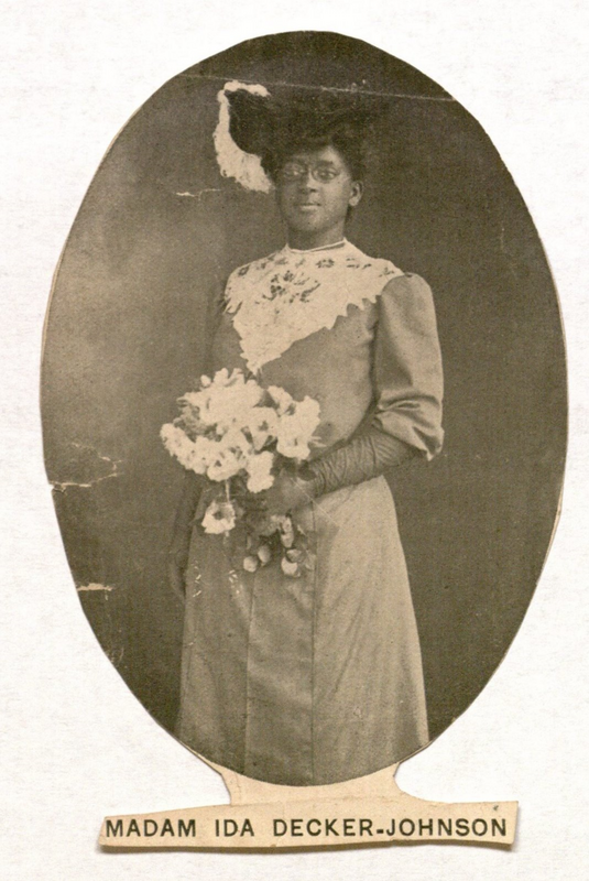 This image was presumably clipped out of an African American religious revival program for an event held in New Haven, Connecticut in the early 20th century. The person depicted is named "Madam Ida Decker-Johnson" in a caption.