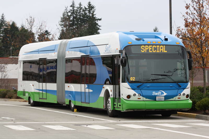 A New Flyer DE60LFA hybrid bus operated by Community Transit on their Swift bus rapid transit at Crossroads station in Lynnwood.