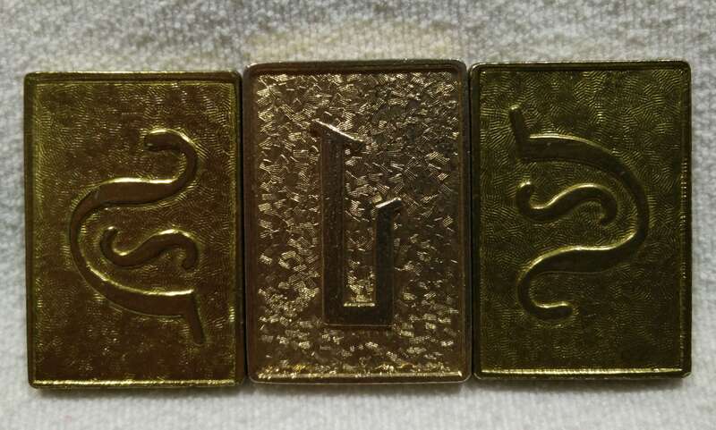 Cubit Prop. Set of 3. Battlestar Galactica (1978 TV series). Showing stylized Initial "G" (left and right), stylized Initial "L" (middle).