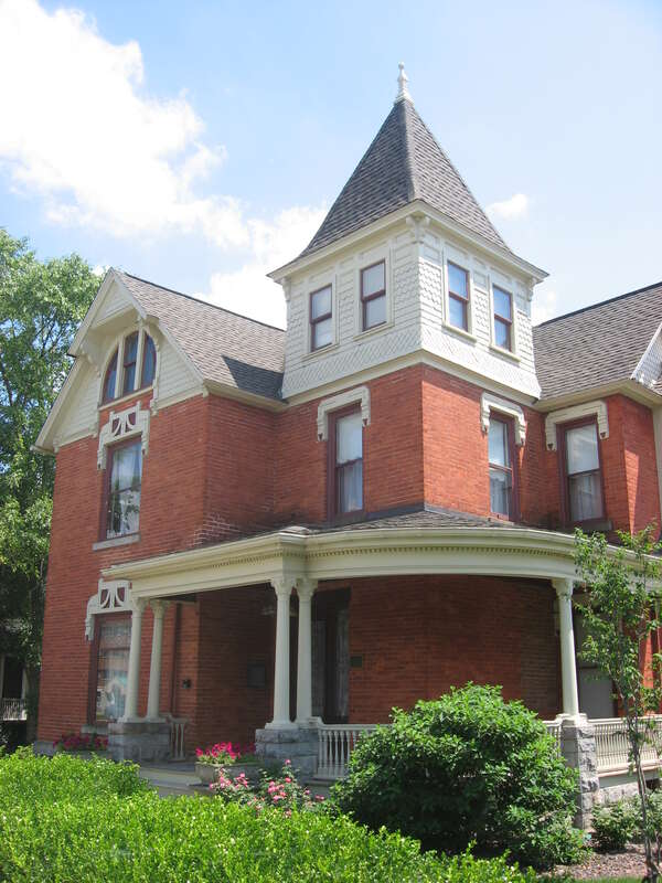 Front of the Dodge House, located at 415 E. Lincolnway (State Road 933) in Mishawaka, Indiana, United States.  Built in 1889, it is listed on the National Register of Historic Places.