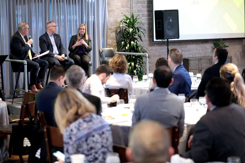 Doug Wilks, Mesa Mayor John Giles and Phoenix Mayor Kate Gallego speaking with attendees at an event titled "Elevate: Conservation and Water Management" at The Yard at Farmer Arts District in Tempe, Arizona.

Please attribute to Gage Skidmore if used