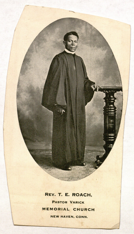 A clipping of a portrait of an African American pastor named "Rev. T. E. Roach" at Memorial Church in New Haven, Connecticut  presumably from a religious revival pamphlet.
