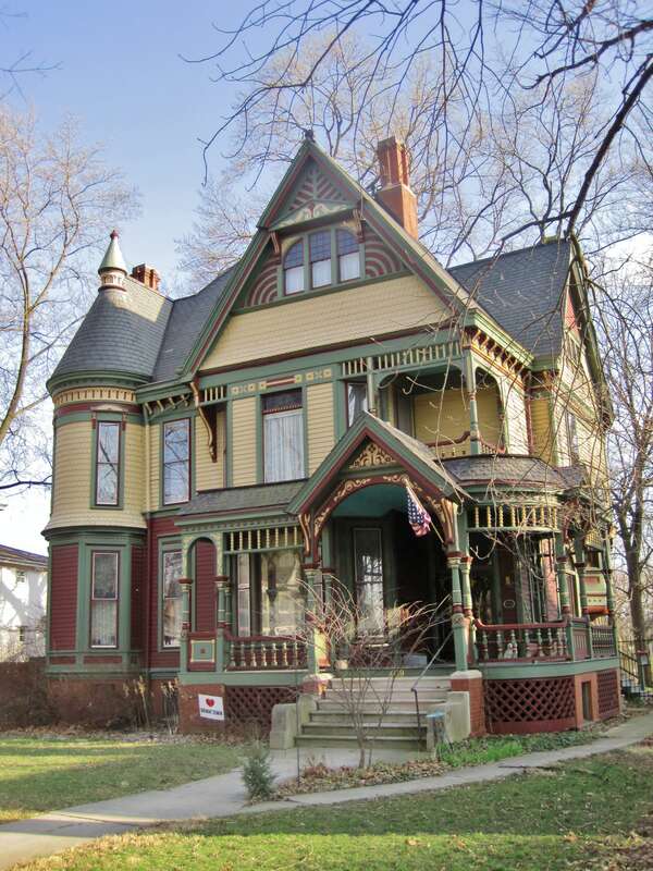The Edward B. Gridley House in the East Grove Street District–Bloomington (1887). Gridley was the president of the McLean County Bank and inherited a fortune from his father. His house was designed by prominent local architect George H.
