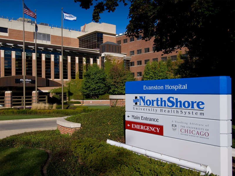 Front entrance of Evanston Hospital, NorthShore University HealthSystem, Evanston, Ill.