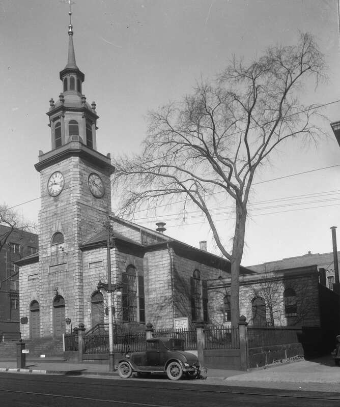 Front of the First Parish Church, located at 425 Congress Street in Portland, Maine, United States.  Built in 1825, it is listed on the National Register of Historic Places.