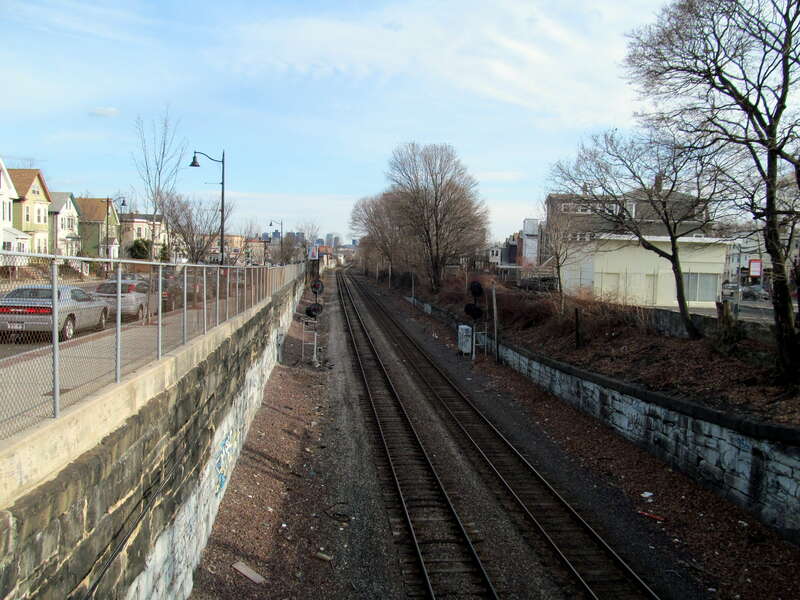 Fitchburg Line corridor viewed from Beacon Street east of Porter Square.