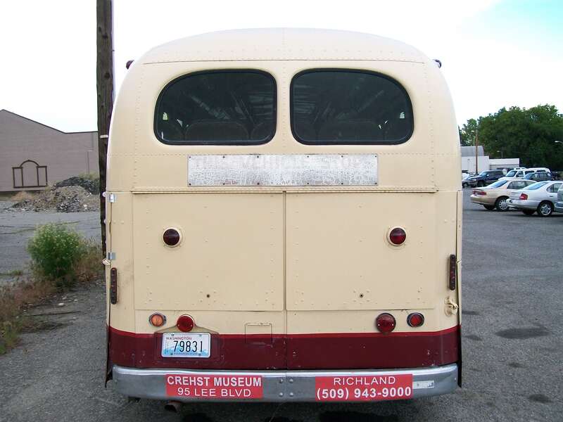 A GM bus at the CREHST(Columbia River Exhibition of History, Science &amp; Technology) Museum in Richland, Washington. The faded text reads "THIS VEHICLE STOPS AT ALL R.R. CROSSINGS".