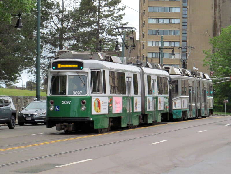 Green Line non-revenue move headed down the hill on Chestnut Hill Avenue from the B Branch to the Reservoir Carhouse in May 2017