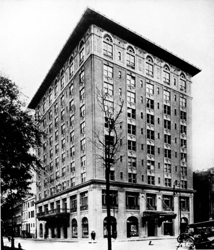 Exterior view, Hotel Savannah, 7 East Congress Street (at Bull Street), Savannah, Georgia. Opened in 1913 with 1921 addition. Later known as Hotel Manger, Manger Building, and First City Club of Savannah.