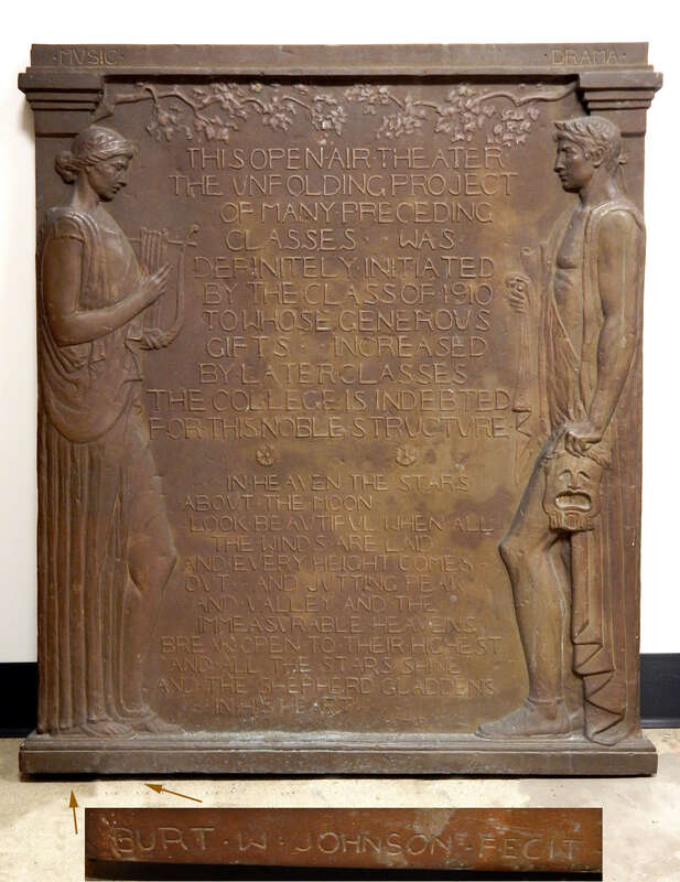 Greek Theater of Pomona College, commemoration tablet (artist's signature shown in inset)