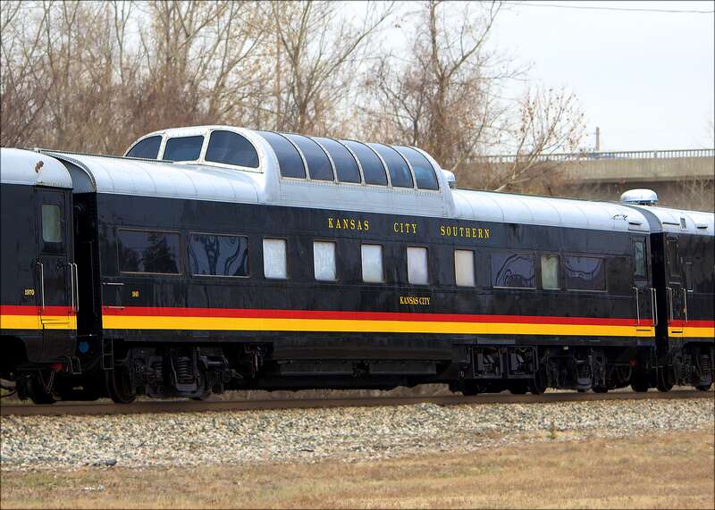 Kansas City Southern "Kansas City". Original description: The dome car "Kansas City" arrives in Joplin with the KCS Holiday Express train.