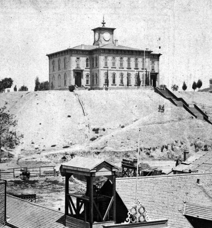Los Angeles High School original building and location, soon after opening in 1873.  Construction began on July 19, 1872. It was located at the site of the Los Angeles County Court House at Temple and Broadway, approximately.