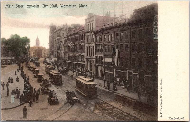 Undivided back postcard of Main Street opposite City Hall in downtown Worcester, Massachusetts