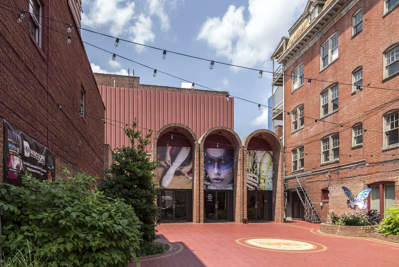 The former entry plaza and entrance of the Maryland Theater, Hagerstown, Maryland. The original lobby and front were destroyed in a fire in the 1970s and the plaza and entrance were built in the place of the original front block of the theater. The