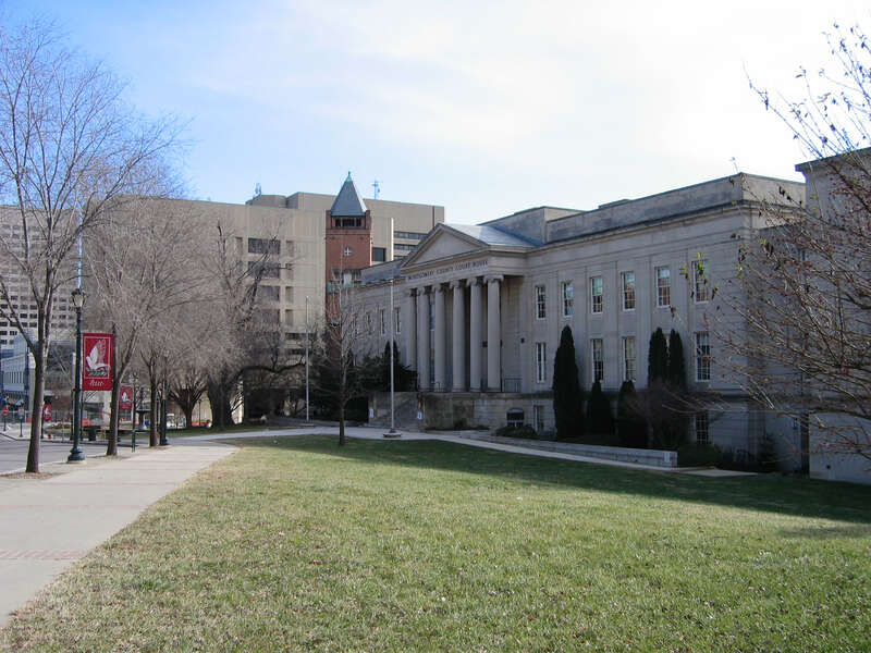 View of three buildings in the Montgomery County Courthouse Historic District in Rockville, Maryland: "Grey Courthouse" in the foreground, "Red Brick Courthouse" in the middle ground, and the Judicial Center in the background.As of 2025 the Grey