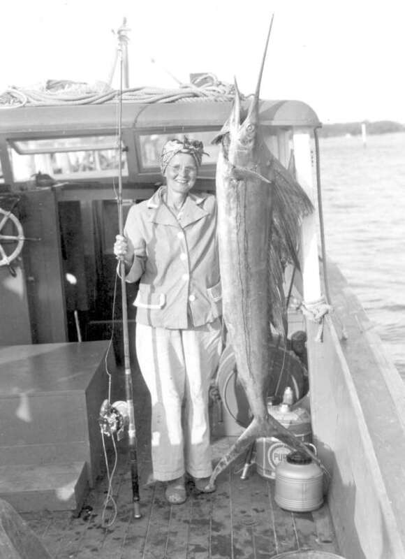 Local call number: c006313
Title: [Mrs. Nannie Boaz poses with her catch of 40-pound sailfish in the boat: Daytona Beach, Florida]
Physical descrip: 1 photoprint: b&amp;w; 4 x 3 in.
General note: Mrs. Boaz was from Nashville, Tennessee. The fish she