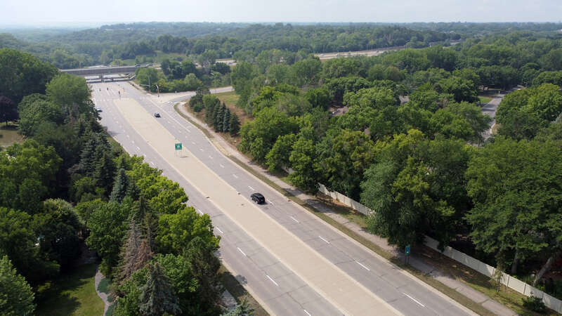 Aerial photo of Old Shakopee Road (County Road 1) in West Bloomington, MN at the intersection of Highway 169