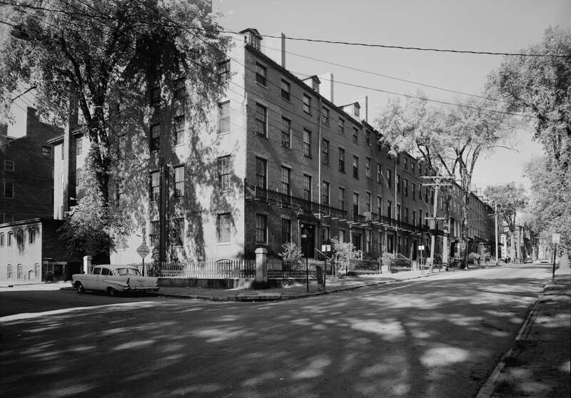 Front of the houses in the Park Street Row, located at 88-114 Park Street in Portland, Maine, United States.  Built in 1835, the rowhouses are listed on the National Register of Historic Places.