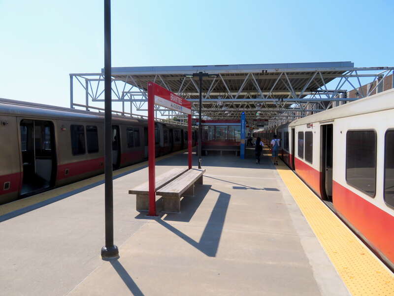 Red Line trains at Braintree station in August 2018