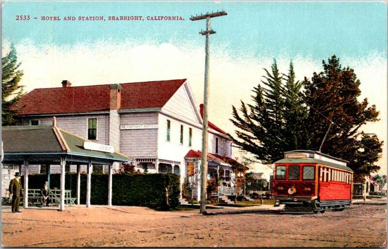 Divided back postcard of the Seabright Hotel, Seabright station, and a Union Traction Company streetcar, postmarked 1910
